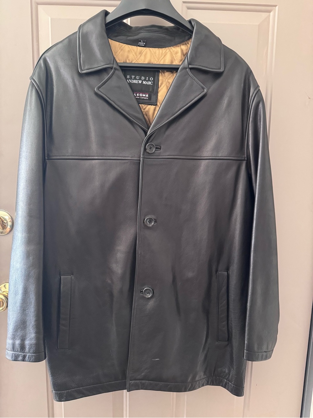 Andrew Marc Vintage Black Leather Trench Coat with Gold Quilted Lining